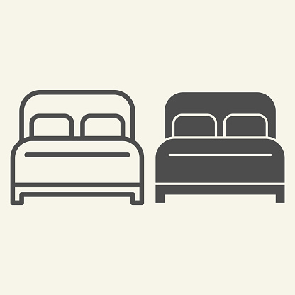 Double bed line and solid icon. Hotel bedroom symbol, outline style pictogram on beige background. Sleep and relax furniture sign for mobile concept and web design. Vector graphics