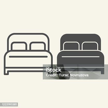 istock Double bed line and solid icon. Hotel bedroom symbol, outline style pictogram on beige background. Sleep and relax furniture sign for mobile concept and web design. Vector graphics. 1223193381