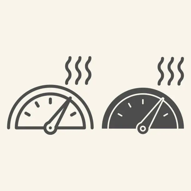 Vector illustration of High temperature on heating or cooling control line and solid icon. Thermostat symbol, outline style pictogram on beige background. Climate control display sign mobile concept and web design. Vector.
