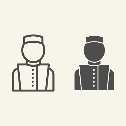 Concierge line and solid icon. Hotel porter symbol, outline style pictogram on beige background. Bellboy in uniform sign for mobile concept and web design. Vector graphics