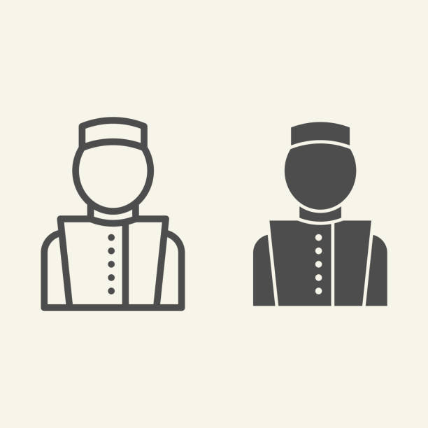 Concierge line and solid icon. Hotel porter symbol, outline style pictogram on beige background. Bellboy in uniform sign for mobile concept and web design. Vector graphics. Concierge line and solid icon. Hotel porter symbol, outline style pictogram on beige background. Bellboy in uniform sign for mobile concept and web design. Vector graphics doorman stock illustrations