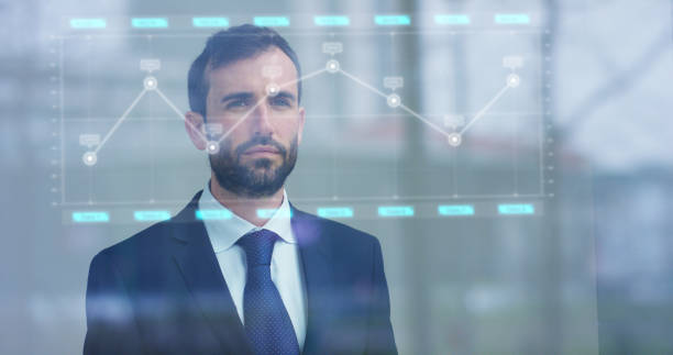 istock Man elegant suit uses new high technology with holography and augmented reality 1223193502