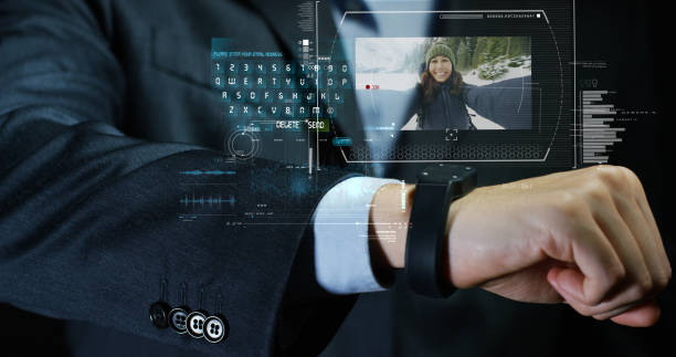 istock Man elegant suit uses new high technology with holography and augmented reality 1223193543