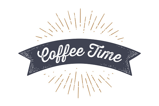 Flag ribbon Coffee Time. Old school flag banner with text Coffee Time. Ribbon flag in vintage style with linear drawing light rays, sunburst and rays of sun, text coffee time. Vector Illustration