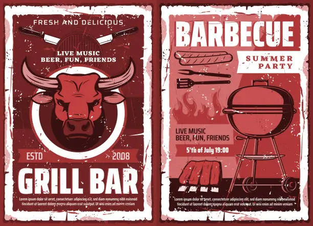 Vector illustration of BBQ picnic and barbecue grill party, retro poster