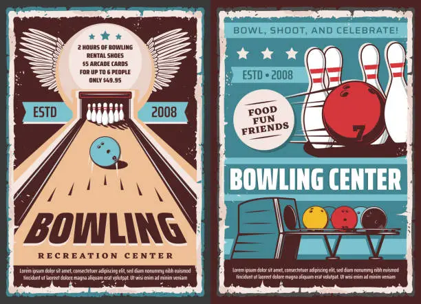 Vector illustration of Leisure recreation sport, bowling center poster