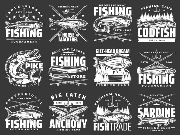 Fishing sport, tournament and big fish catch icons Fishing club badges, big fish catch tournaments and fishery market vector icons. Fisherman rod, hook and lures for river pike, ocean horse mackerel, tuna and bream, sardine and anchovy fishing sheatfish stock illustrations