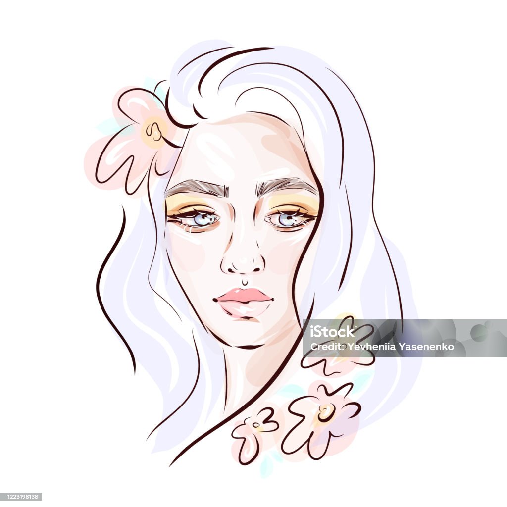 Cô Gái Trẻ Xinh Đẹp Vẽ Tay Với Trang Điểm Và Mái Tóc Tím Khác ...