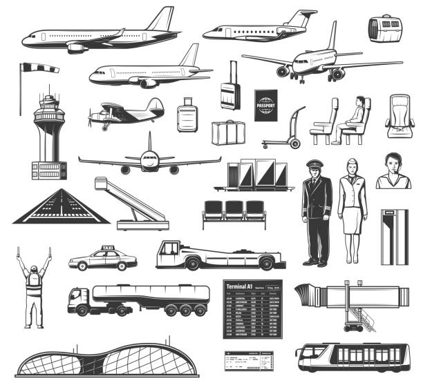 ilustrações, clipart, desenhos animados e ícones de equipamentos aeroportuários, companhias aéreas e ícones da aviação - security staff security airport airport security