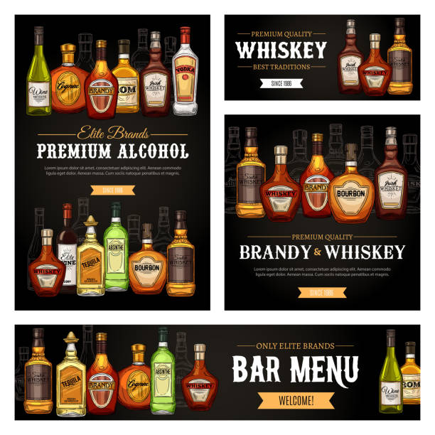 illustrazioni stock, clip art, cartoni animati e icone di tendenza di menu bar bevande alcoliche whisky, rum e tequila - martini brand vermouth