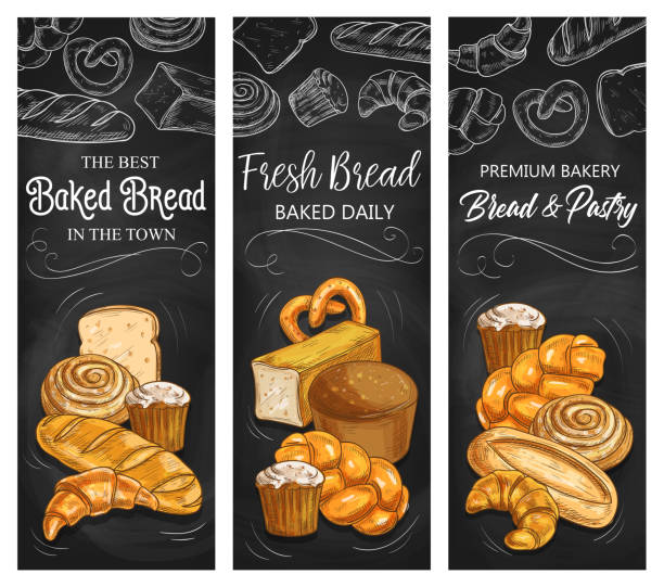 Bakery bread, patisserie buns, sketch banners Bakery bread, vector chalk sketch banners, patisserie buns and pastry products. Baker shop wheat and rye bread loaf, bagels and buns, croissant, pretzel and sweet roll with cupcake grain and cereal products stock illustrations