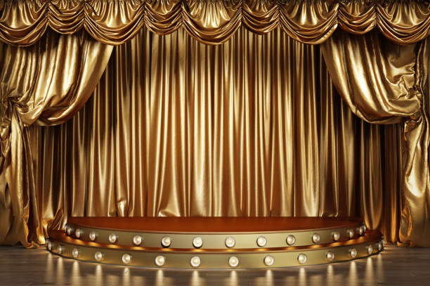 istock Empty theater stage with golden curtains. 1223199904