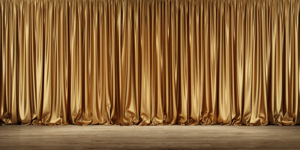 黄金のカーテンが飾った劇場の舞台。 - カーテン ストックフォトと画像