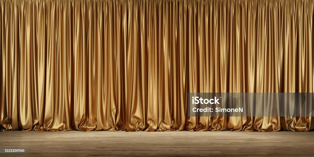 Theater stage with golden curtains. Theater stage with golden curtains. 3d illustration Curtain Stock Photo