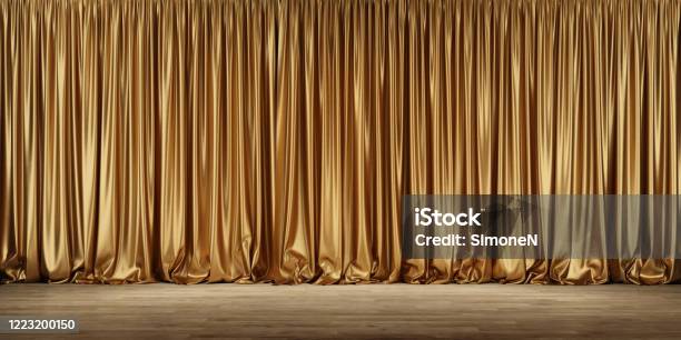 Theater Stage With Golden Curtains Stock Photo - Download Image Now - Curtain, Gold Colored, Gold - Metal