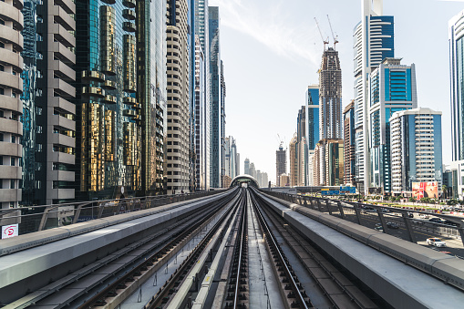 Journey on the Modern Driverless Dubai Elevated Rail Metro System, Running Forward Alongside the Sheikh Zayed Road