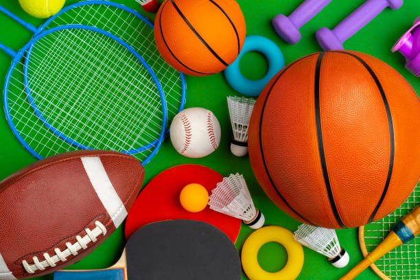 Composition of various sport equipment for fitness and games Composition of various sport equipment for fitness and games. Close up. sports equipment stock pictures, royalty-free photos & images