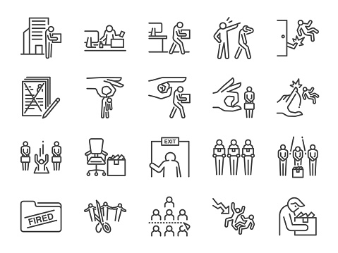 Layoff line icon set. Included icons as employee lay off, job fired, career resign, pay cuts, economic crisis and more.