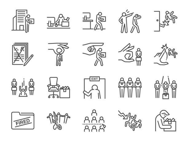 Layoff line icon set. Included icons as employee lay off, job fired, career resign, pay cuts, economic crisis and more. Layoff line icon set. Included icons as employee lay off, job fired, career resign, pay cuts, economic crisis and more. quitting a job stock illustrations