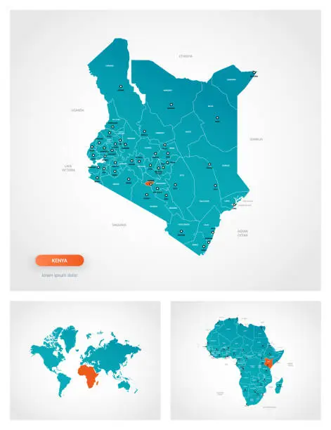 Vector illustration of Editable template of map of Kenya with marks. Kenya on world map and on Africa map.