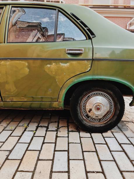 istock Olive green retro car, old car 1223205613