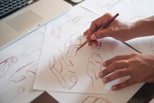 istock Graphic designer artist Work drawing sketch design development Prototype car Automotive industrial creative visual concept 1223206515