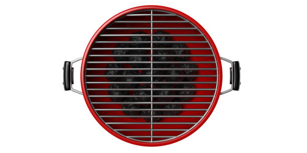 BBQ grill. Barbecue round red color isolated against white background. 3d illustration BBQ empty grate over coals in a portable summer barbecue for your food placement, top view. Barbecue grill red color, round shape isolated against white background. 3d illustration metal grate stock pictures, royalty-free photos & images