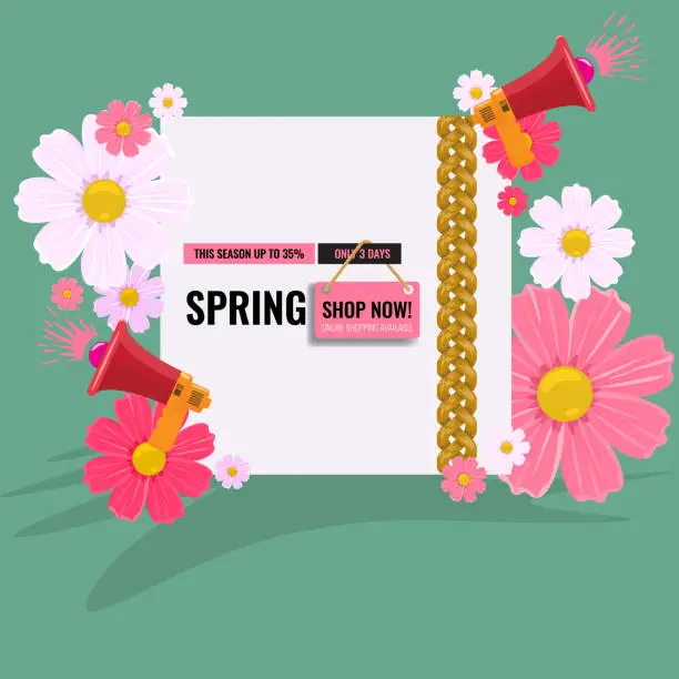 Vector illustration of Spring sale background with flowers. Season discount banner design with cherry blossoms and petals.