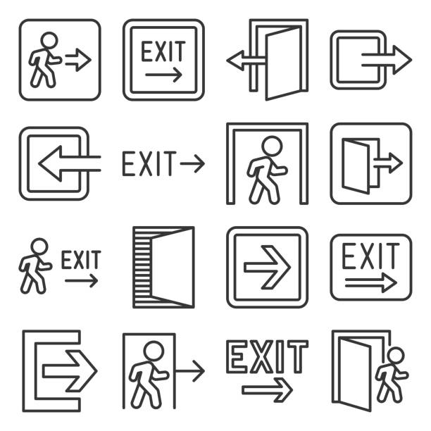 illustrations, cliparts, dessins animés et icônes de icônes de sortie réglées sur le fond blanc. vecteur de style de ligne - exit button