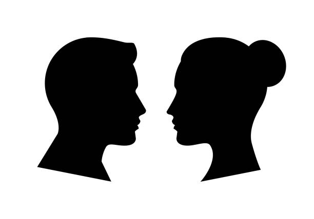 Human Face Side Silhouette Human Face Side Silhouette couple relationship illustrations stock illustrations