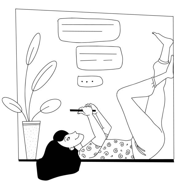 Teenager Girl with phone in his hand chatting Teenager Girl with phone in his hand chatting with his friends at home. Black and white vector illustration line style lying friends quotes stock illustrations