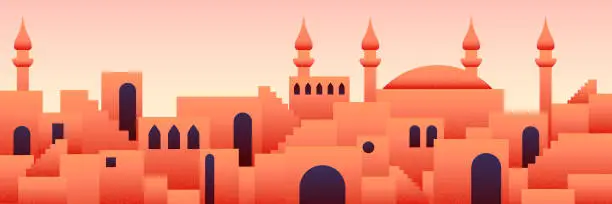 Vector illustration of Arabic city panorama in orange desert color with mosque silhouettes