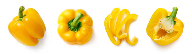 신선한 통과 얇게 썬 달콤한 후추 세트 - yellow bell pepper 뉴스 사진 이미지