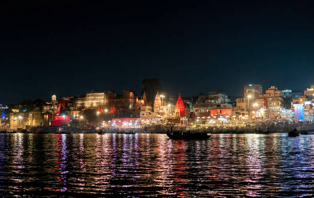 Evening ceremony at the Ganges river in Varanasi stock photo