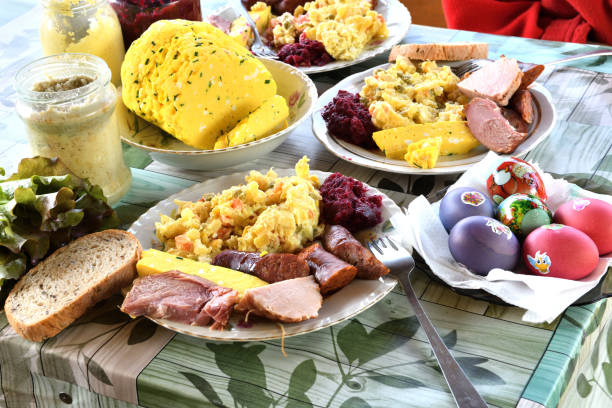 Typical Slovak Easter food, sacred cheese, ham, eggs, sausage and beetroot stock photo