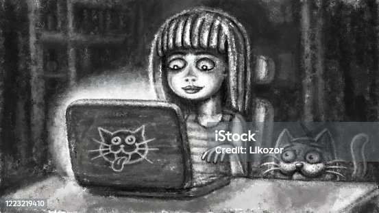 istock A cartoon ?ute girl is working on a laptop and a funny cat is spying on her. 1223219410