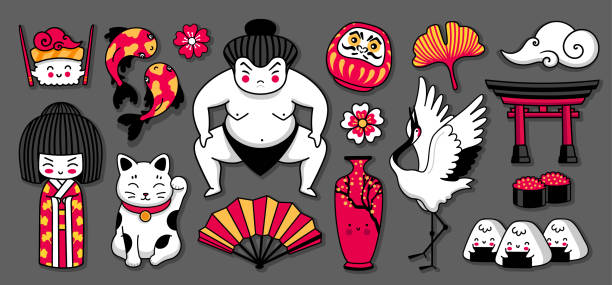 Kawaii japanese geisha girl, sumo wrestler, maneki-neko, koi carps, onigiri and sushi. Set of cartoon stickers, patches, badges, pins. Doodle style. Cute cartoon vector illustration. Kawaii japanese geisha girl, sumo wrestler, maneki-neko, koi carps, onigiri and sushi. Set of cartoon stickers, patches, badges, pins. Doodle style. Cute cartoon vector illustration. daruma stock illustrations