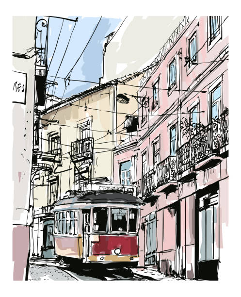 ilustraciones, imágenes clip art, dibujos animados e iconos de stock de vista de la calle con famoso tranvía antiguo en la ciudad de lisboa, portugal - cable car lisbon portugal portugal old