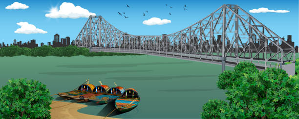 Howrah Bridge An iconic landmark of Kolkata, Howrah Bridge is a massive steel bridge constructed over the Hooghly River. Also known as Rabindra Setu, it connects Howrah and Kolkata. cantilever bridge stock illustrations