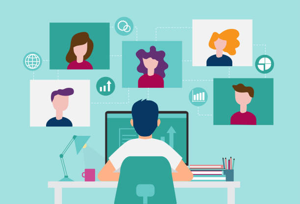 Smart working and video conference, online working with colleagues, vector illustration Smart working and video conference, online working with colleagues, vector illustration, Smart working and video conference, online working with colleagues, vector illustration virtual event illustrations stock illustrations