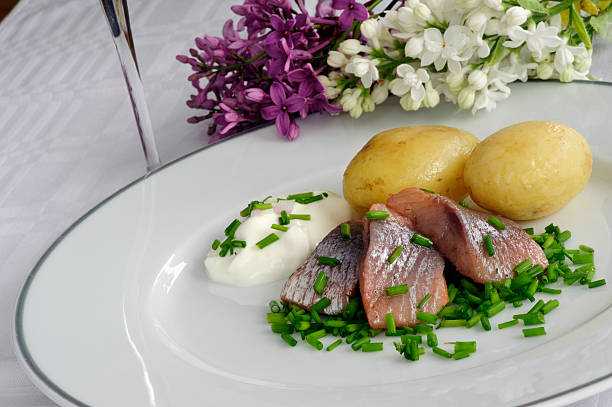 pickled herring - potatis sweden bildbanksfoton och bilder
