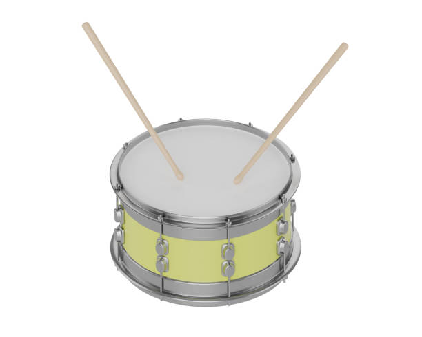 istock Yellow snare drum and drumsticks on white isolated background. 3d illustration 1223225624