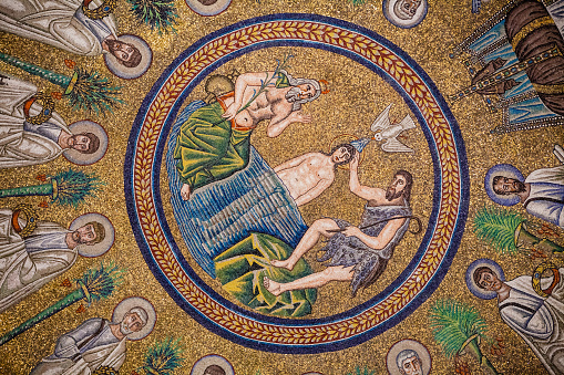Ravenna, Italy - November 14, 2015: Close-up of byzantine mosaic of the dome of Arians Baptistery. Ravenna. Italy. Photo taken in the Church in Ravenna City, Italy