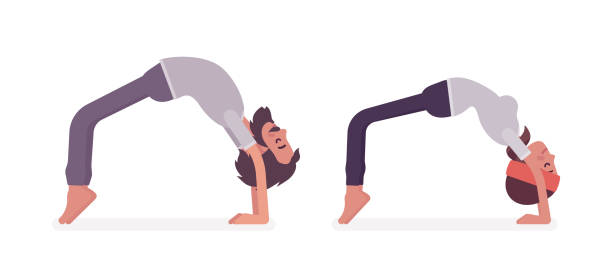 젊은 요기 남자, 여자 연습 요가, 다리 포즈 - yoga men bridge bending over backwards stock illustrations