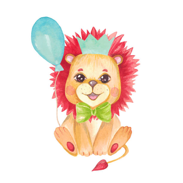 illustrations, cliparts, dessins animés et icônes de illustration d’aquarelle d’un petit lion mignon de chéri. caractère festif dans une couronne, arc, ballon d’animal de safari pour des cartes d’invitation, douche de bébé, art de mur de pépinière - vibrant color pattern small transportation