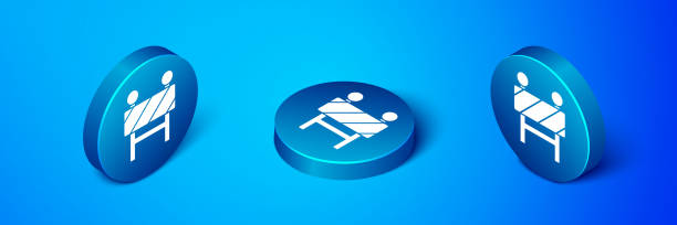 illustrations, cliparts, dessins animés et icônes de icône isométrique de barrière de route isolée sur le fond bleu. symbole de zone restreinte qui sont en cours de construction. travaux de réparation. bouton cercle bleu. illustration vectorielle - isometric accident road sign traffic