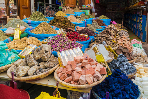 Spices at spice shop in Medina in Marrakesh, Marrakesh-Safi, Morocco