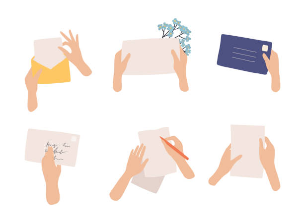 ilustrações de stock, clip art, desenhos animados e ícones de hands holding envelope and paper sheet. correspondence through postal service. - people in the background illustrations