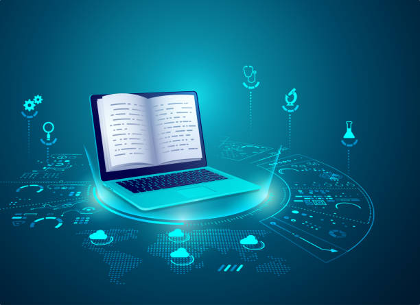 Elearning concept of e-learning technology, graphic of realistic computer notebook with book's pages as screen science and technology education stock illustrations