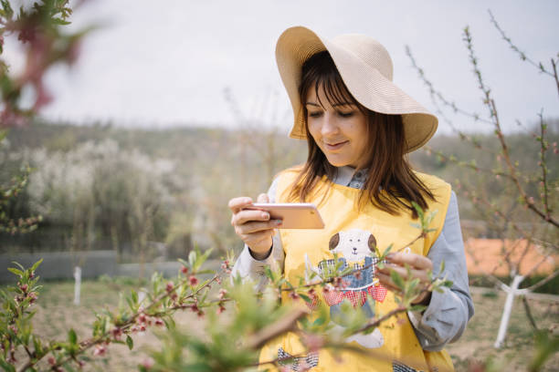 istock Young woman photoshooting tree with buds in yard 1223229231